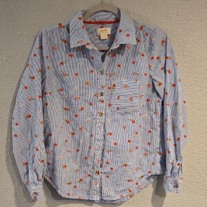 Anthropologie Blue Striped Shirt with Red Floral Accents